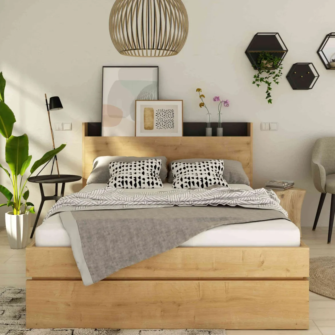 Lit avec tête de lit en bois imitation chêne - LI9051