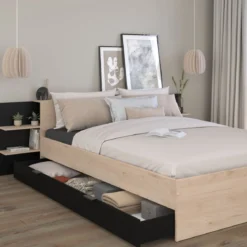 Lit avec tête de lit rangement et tiroir de lit bois naturel et noir