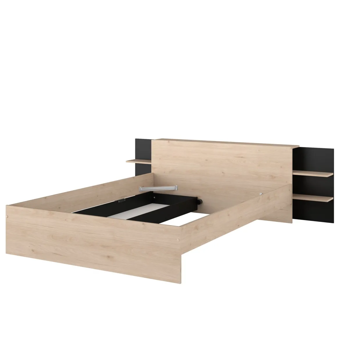 Lit avec tête de lit rangement et tiroir de lit bois naturel et noir