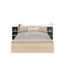 Lit avec tête de lit rangement et tiroir de lit bois naturel et noir