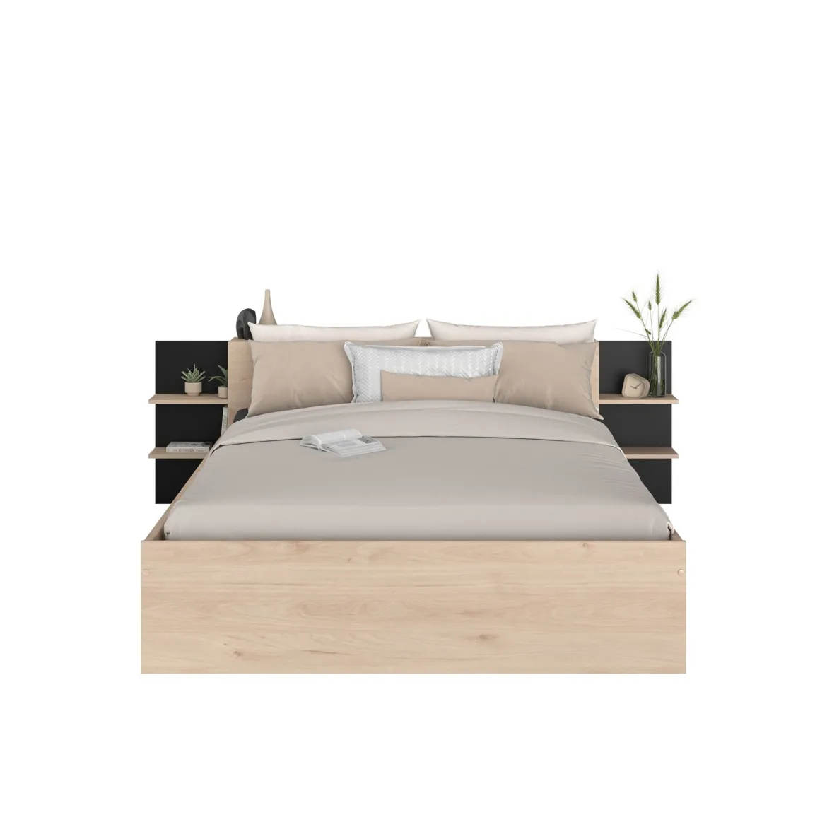 Lit avec tête de lit rangement et tiroir de lit bois naturel et noir