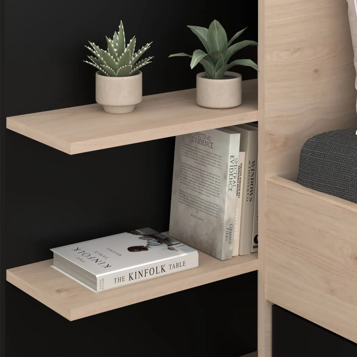 Lit avec tête de lit rangement et tiroir de lit bois naturel et noir
