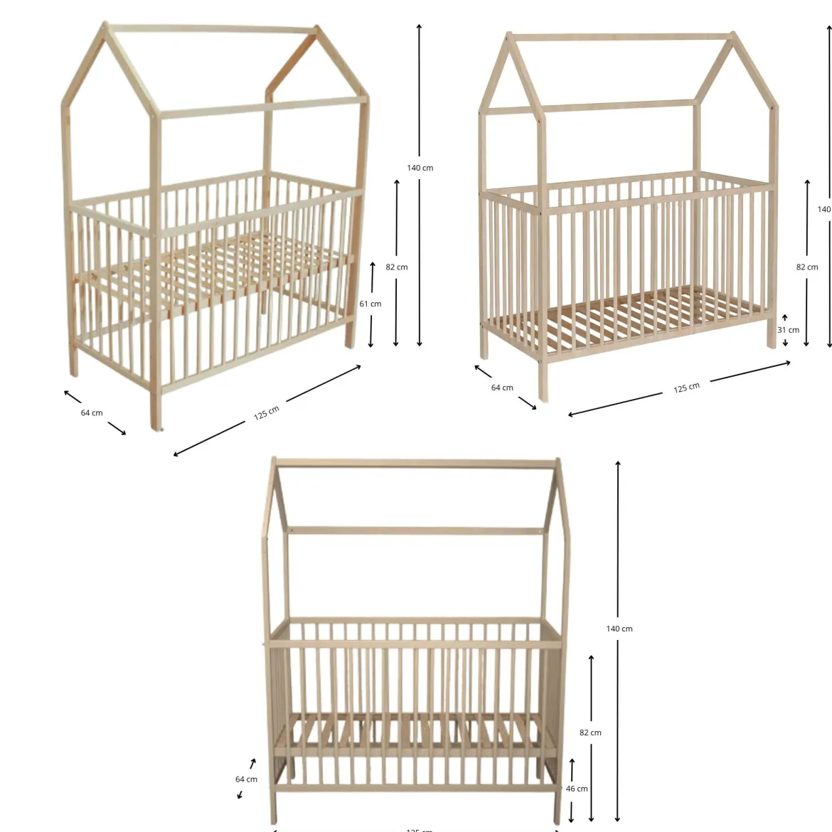 Lit bébé cabane évolutif en bois massif 60x120
