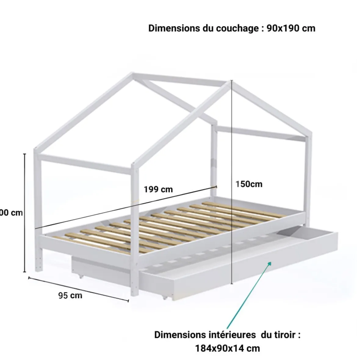 Lit cabane enfant avec tiroir en bois 90x190 - LT14006