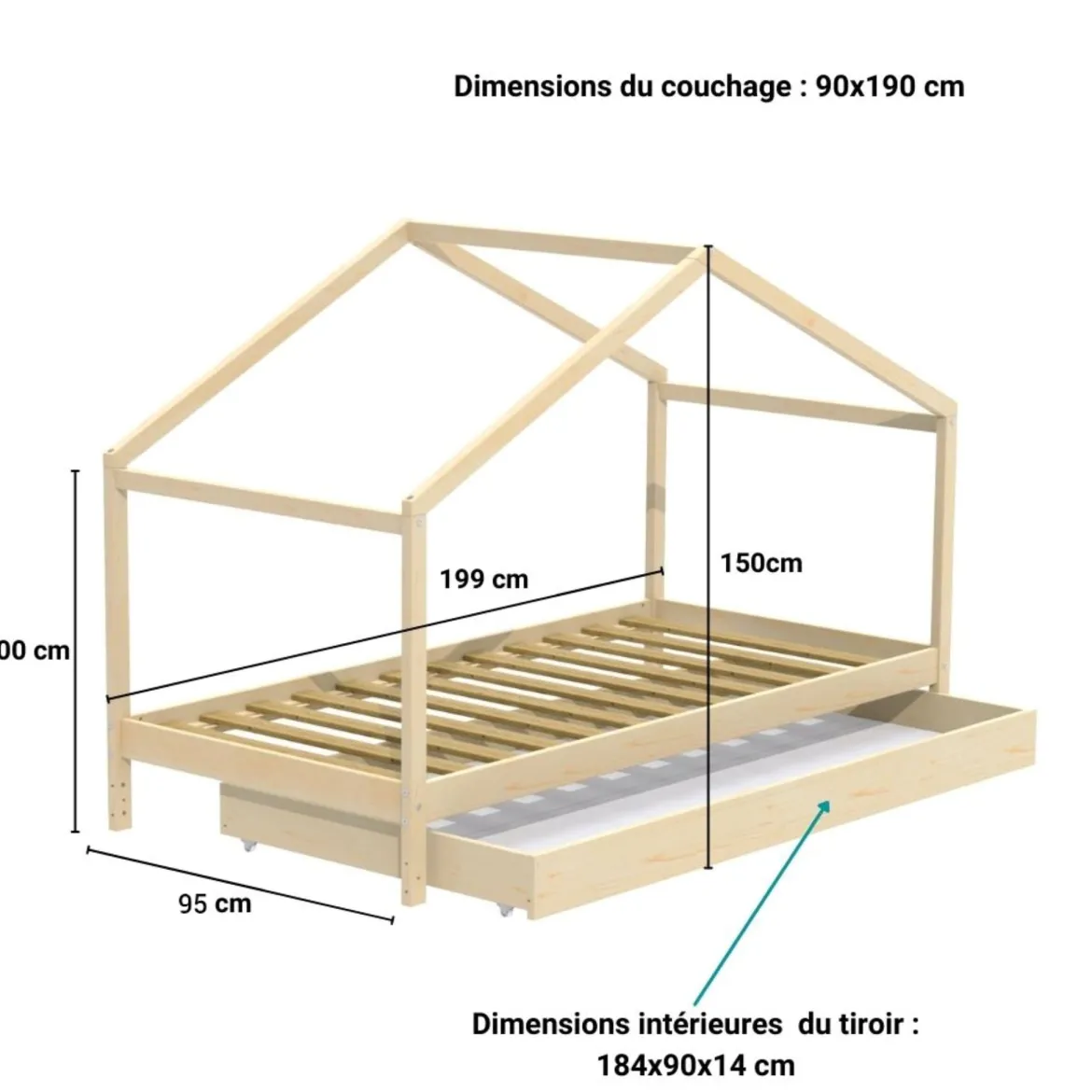 Lit cabane enfant avec tiroir en bois 90x190 - LT14006