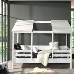 Lit cabane enfant avec toit en bois blanc 90x200