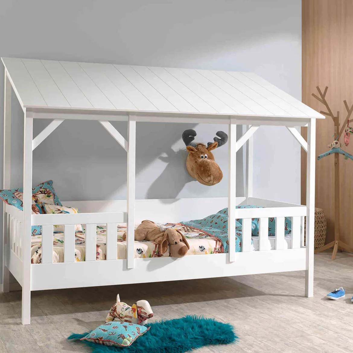 Lit cabane enfant avec toit en bois 90x200