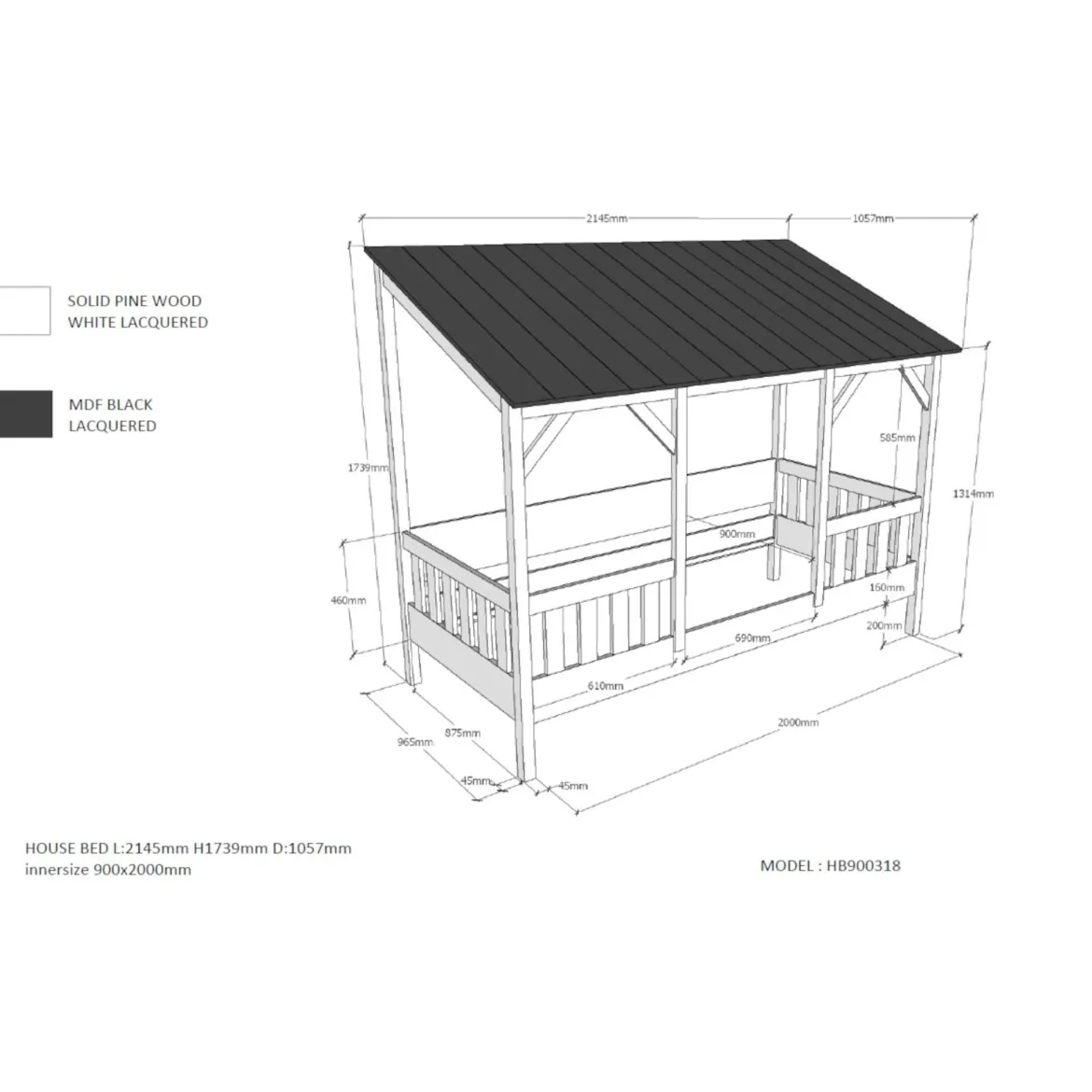 Lit cabane enfant avec toit en bois 90x200