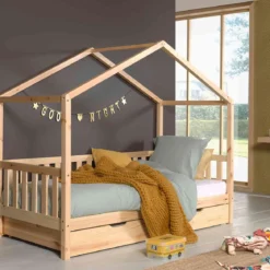 Lit cabane enfant à barreaux en bois massif 90x200 avec tiroir de lit - LT2025