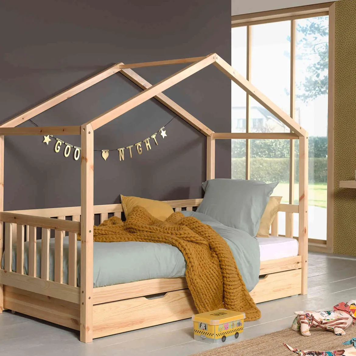 Lit cabane enfant à barreaux en bois massif 90x200 avec tiroir de lit - LT2025