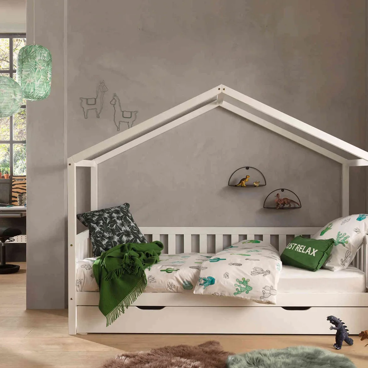 Lit cabane enfant à barreaux en bois massif 90x200 avec tiroir de lit - LT2025