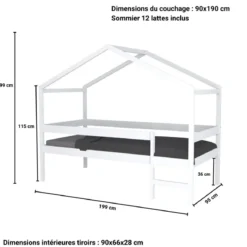 Lit cabane enfant bois blanc laqué 90x190 - LT14054