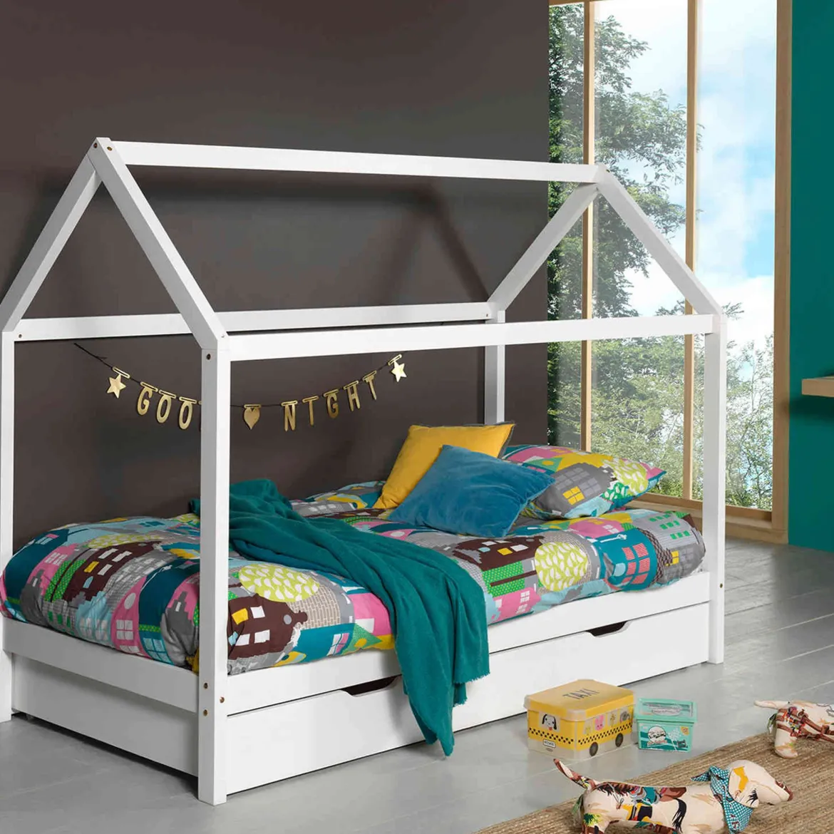 Lit cabane enfant en bois massif 90x200 avec tiroir de lit - LT2024