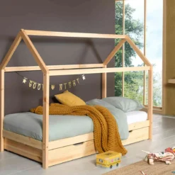 Lit cabane enfant en bois massif 90x200 avec tiroir de lit - LT2024