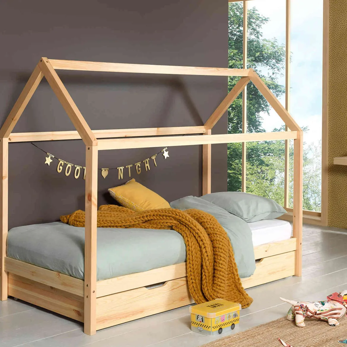 Lit cabane enfant en bois massif 90x200 avec tiroir de lit - LT2024