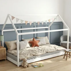 Lit cabane enfant inspiration Montessori en bois blanc - LT14004
