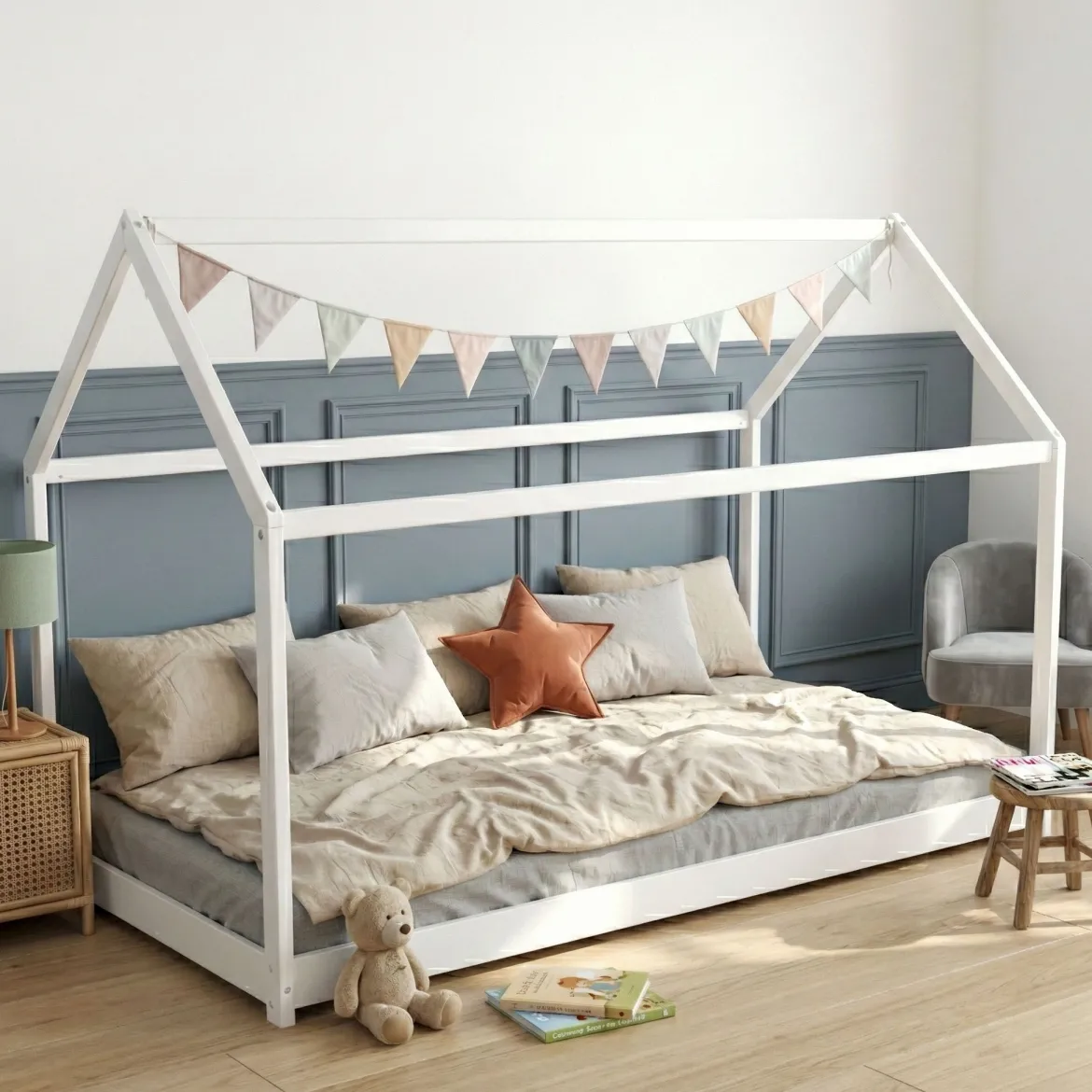 Lit cabane enfant inspiration Montessori en bois blanc - LT14004
