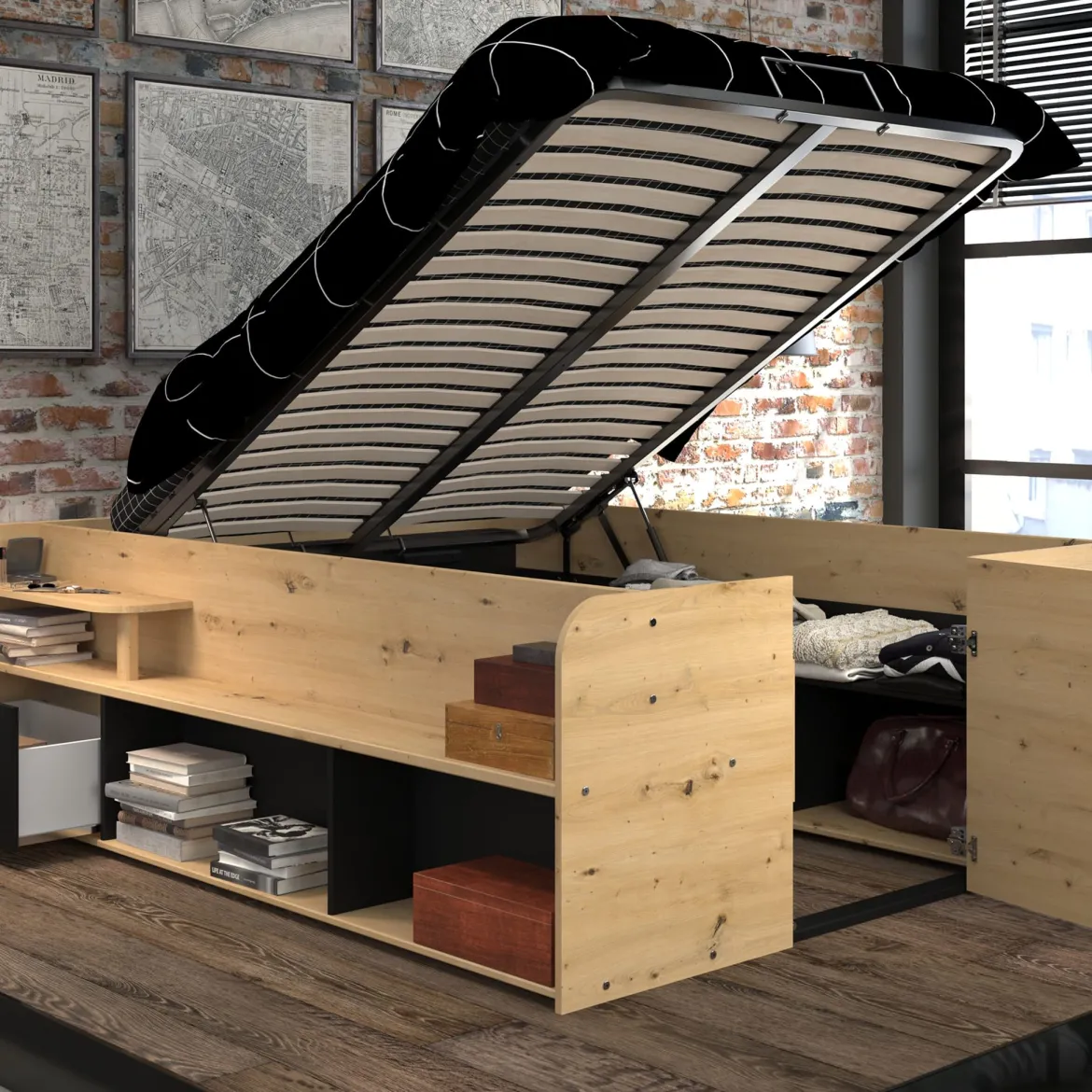 Lit coffre avec multiples rangements 140x190/200