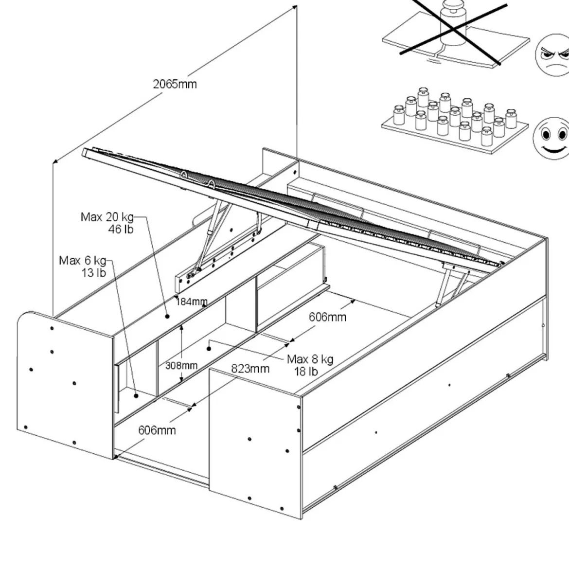 Lit coffre avec multiples rangements 140x190/200