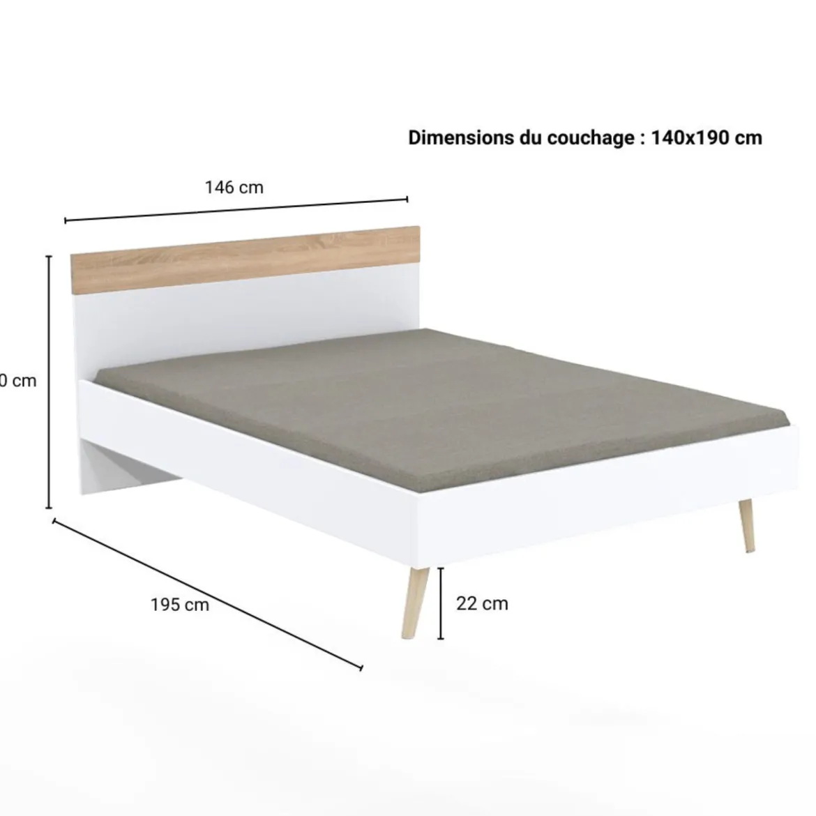 Lit double 140x190cm, blanc et chêne blanchi