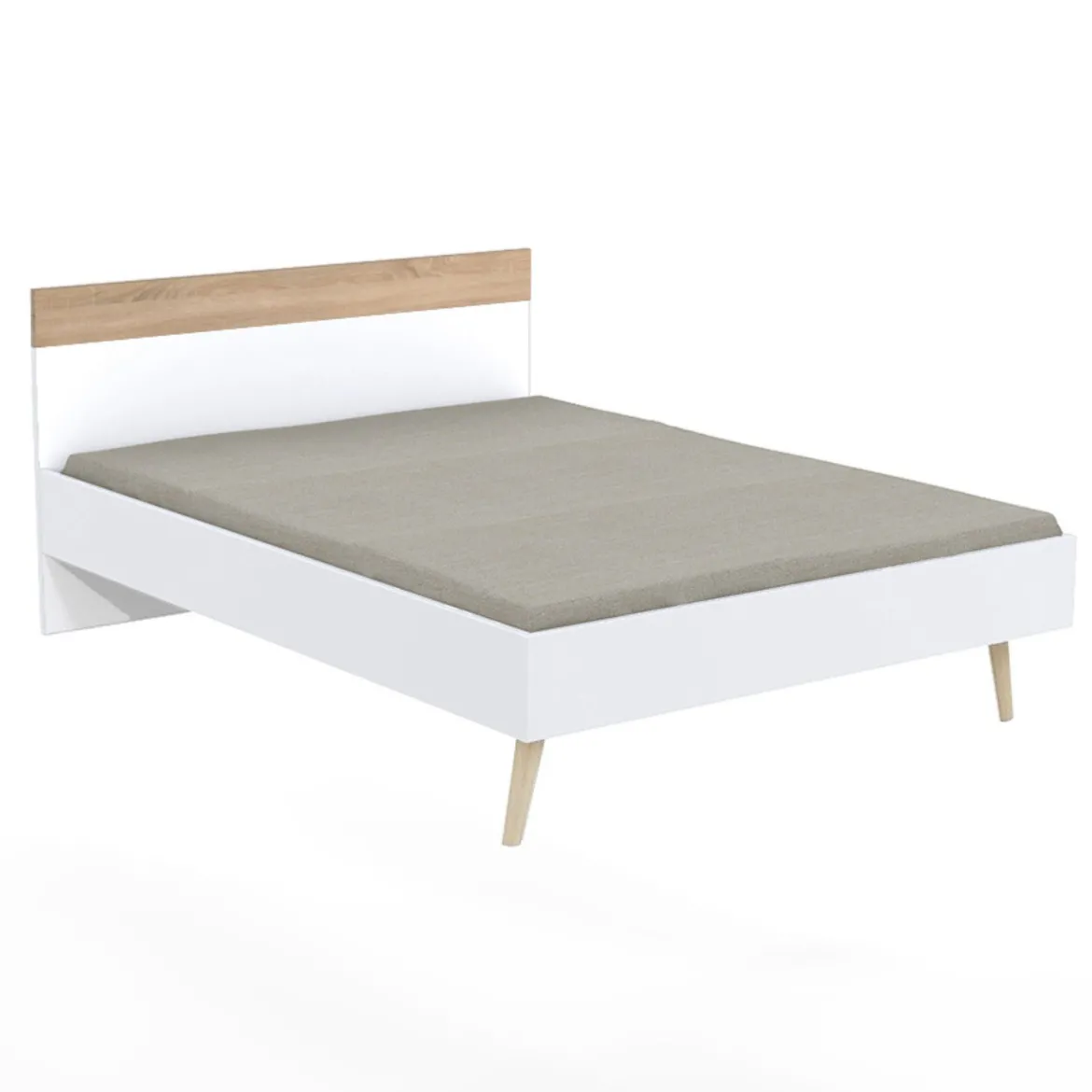 Lit double 140x190cm, blanc et chêne blanchi
