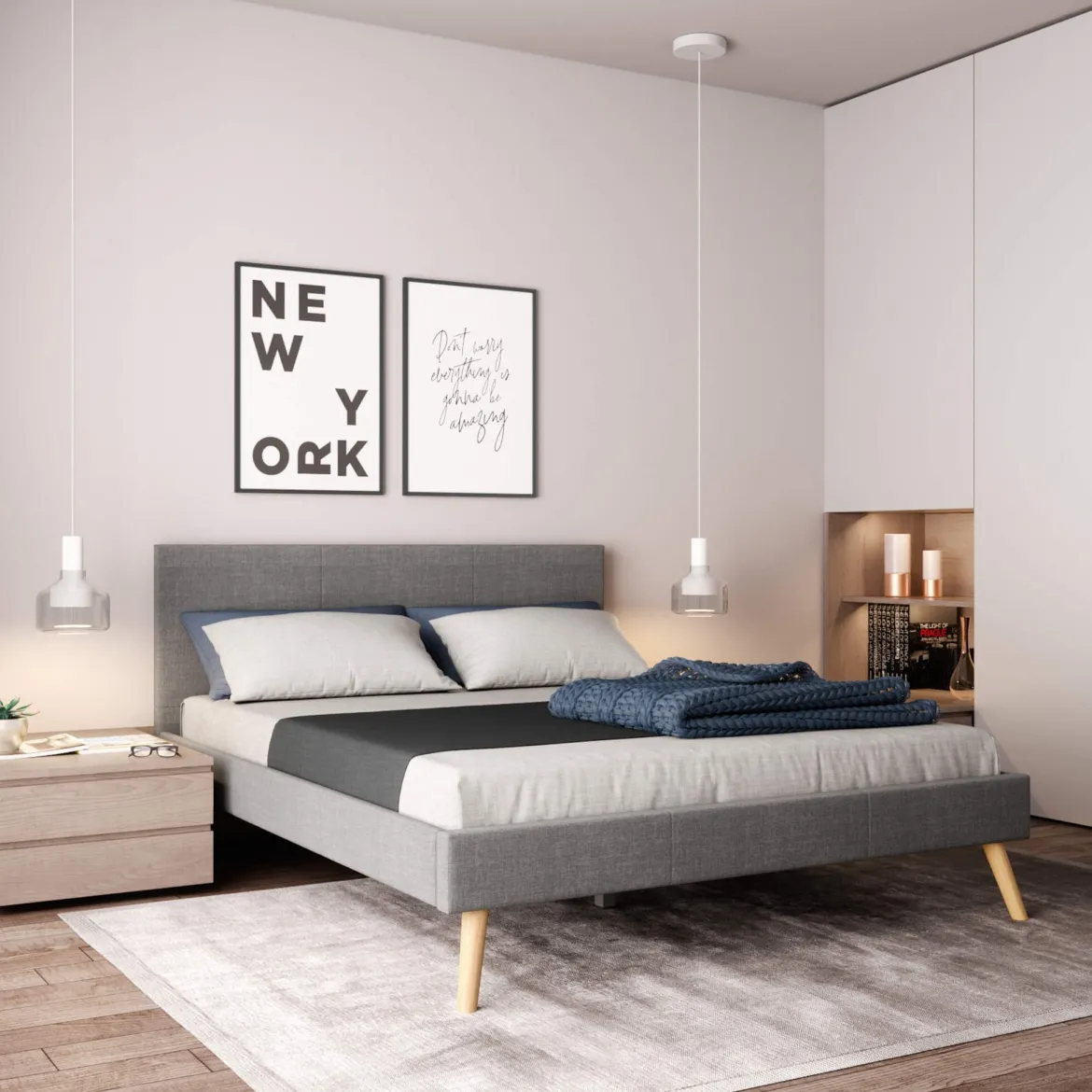 Lit en bois avec tête de lit tissu gris clair - LT17020