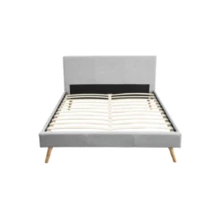 Lit en bois avec tête de lit tissu gris clair - LT17020