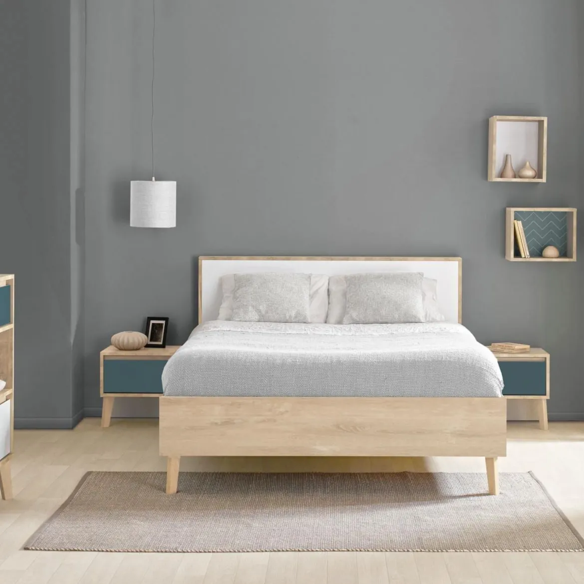 Lit en bois imitation chêne clair - LT5046-1