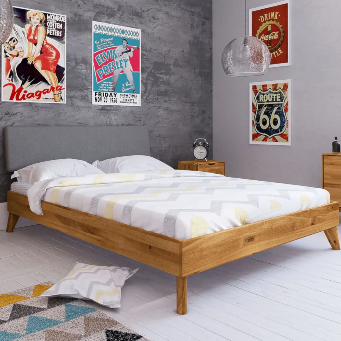 Lit en chêne massif avec tête de lit en tissu - LT36010
