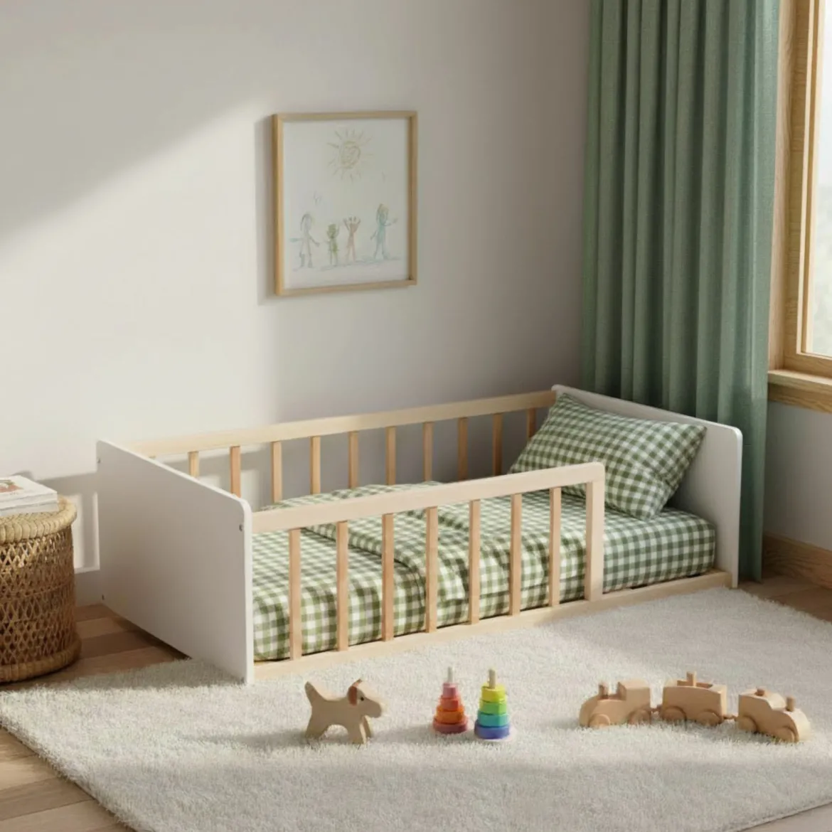 Lit enfant inspiration Montessori au sol à barreaux