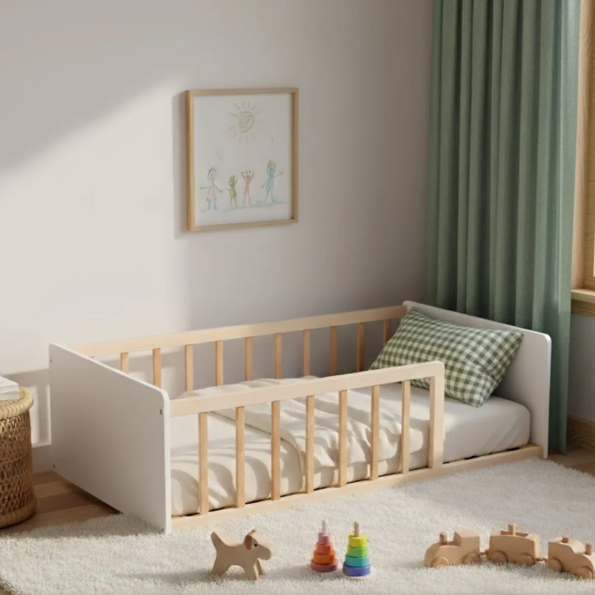 Lit enfant inspiration Montessori au sol à barreaux