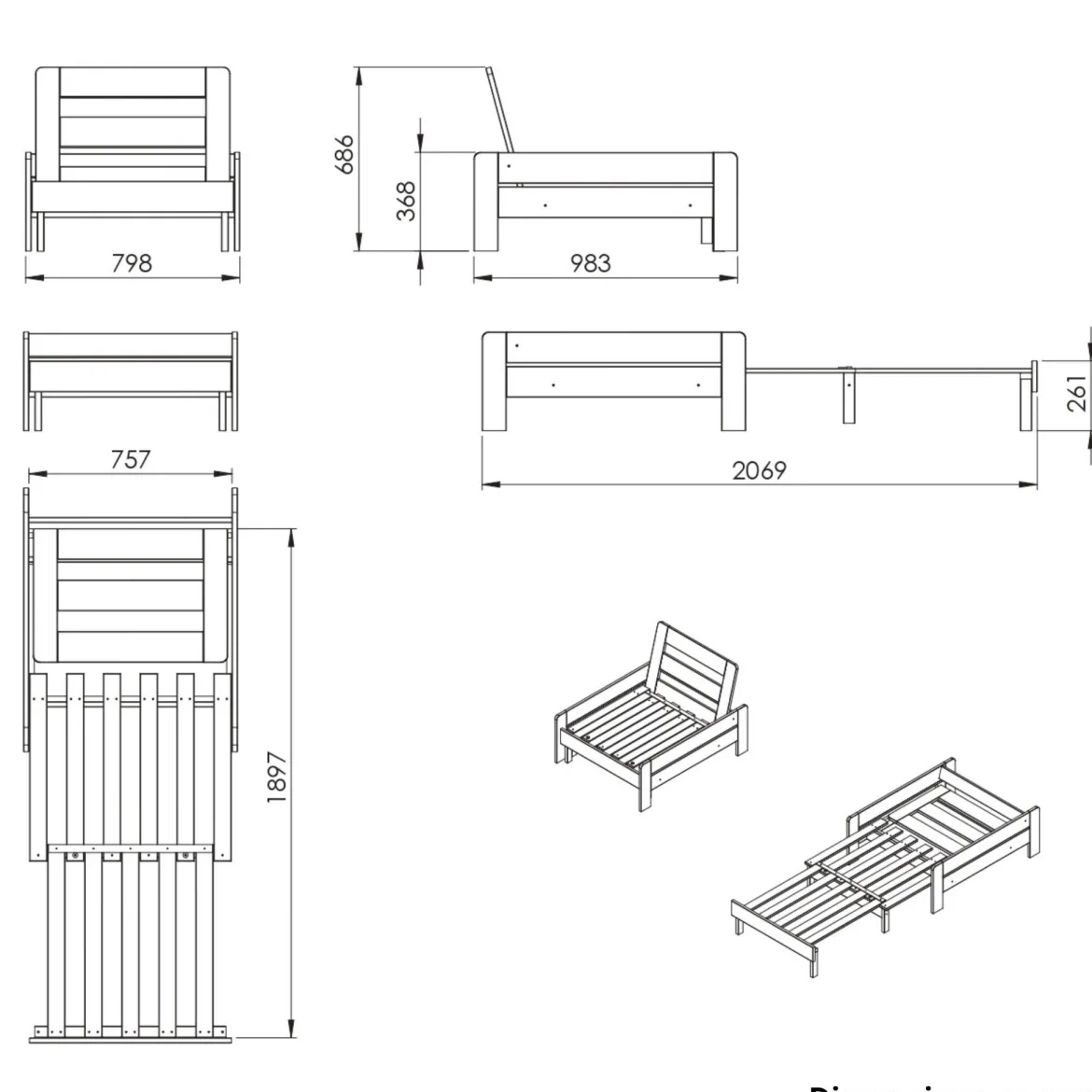 Lit enfant mezzanine avec fauteuil convertible en bois massif 90x200 cm - LT2045