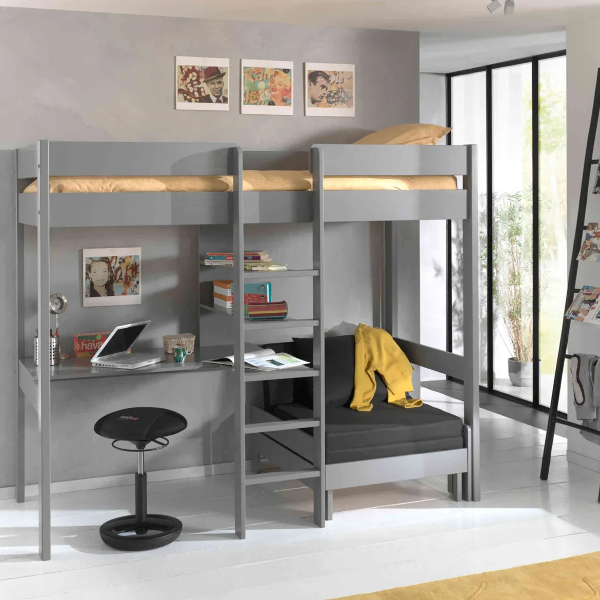 Lit enfant mezzanine avec fauteuil convertible en bois massif 90x200 cm - LT2045