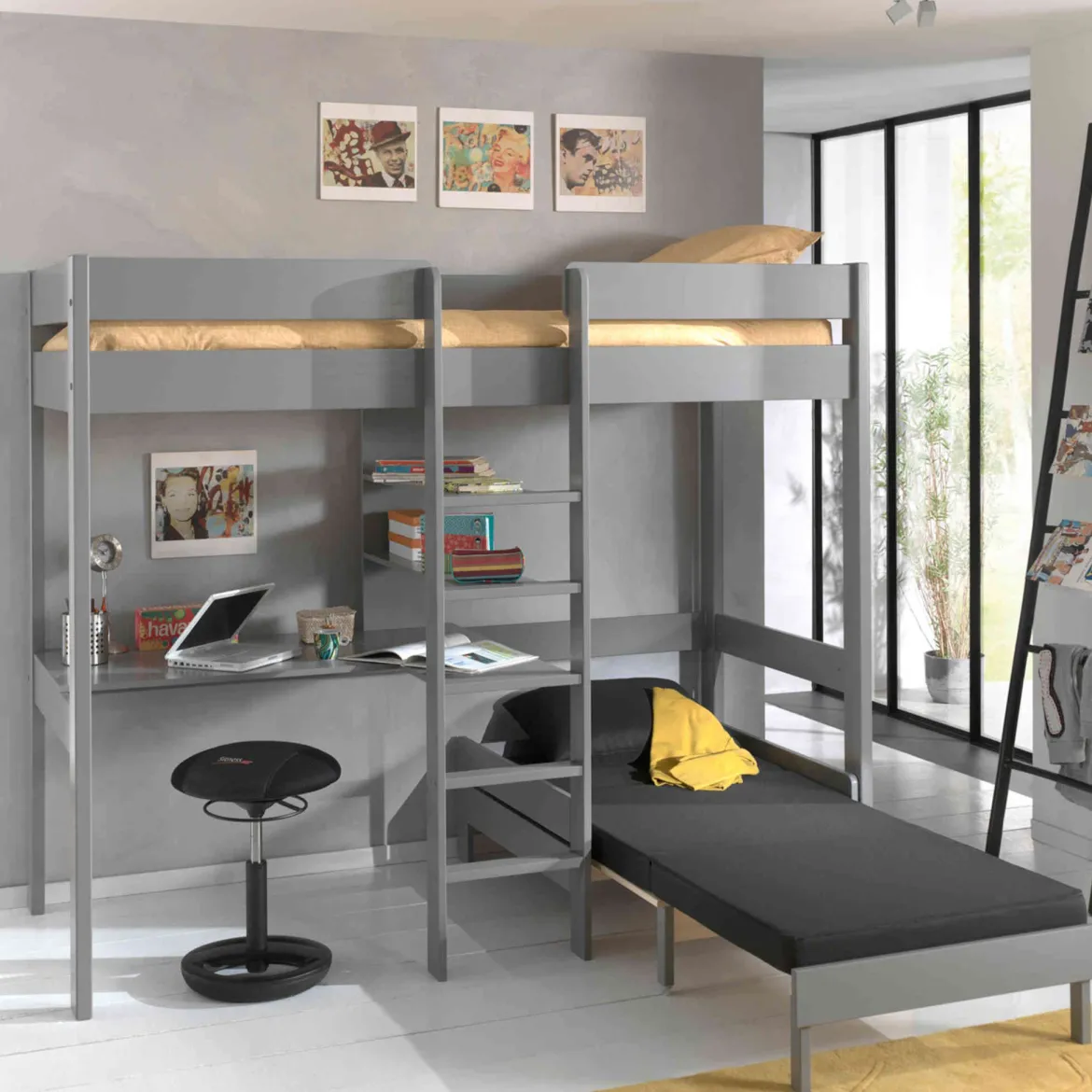 Lit enfant mezzanine avec fauteuil convertible en bois massif 90x200 cm - LT2045