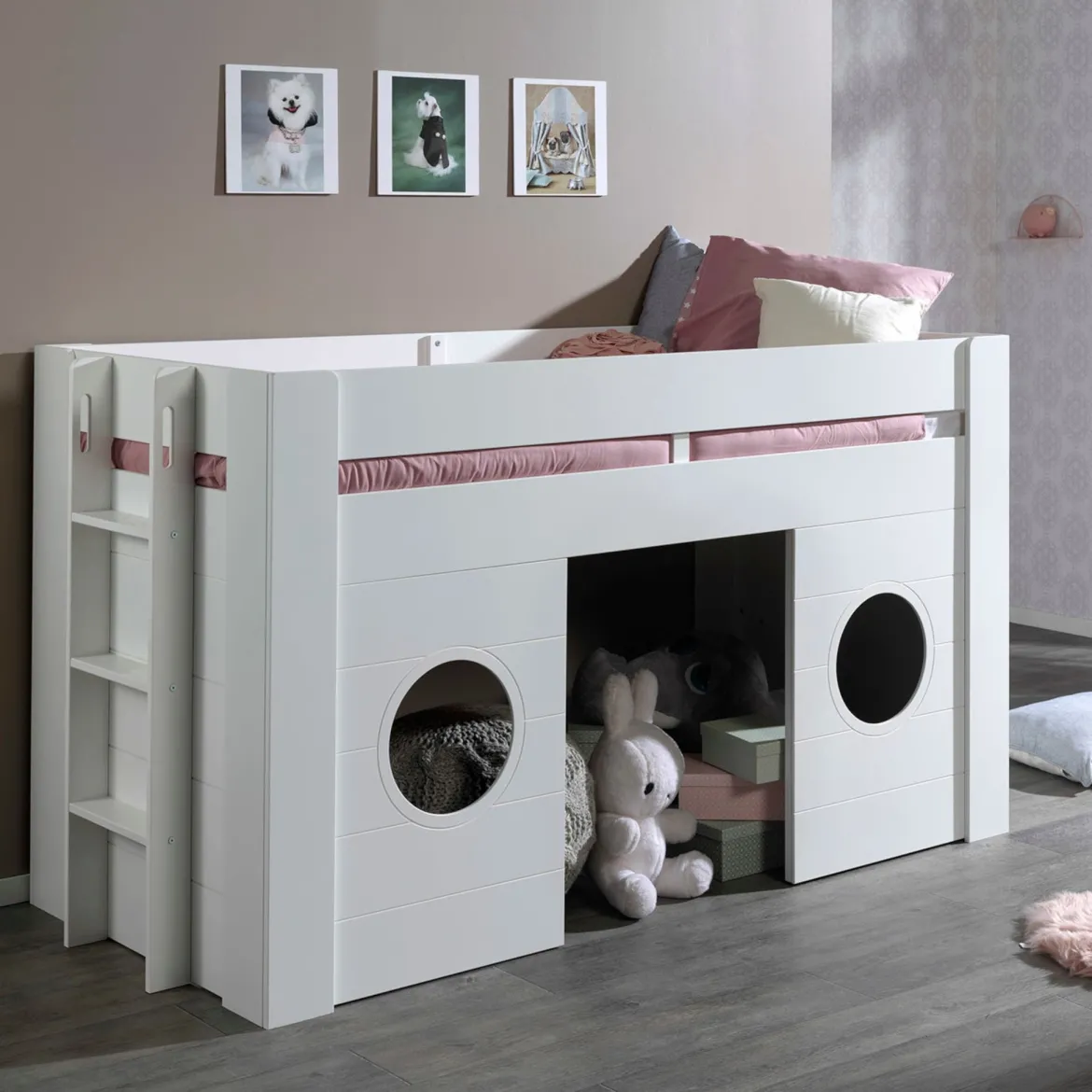 Lit enfant mi-hauteur cabine en bois blanc 90x200 cm - LT2049