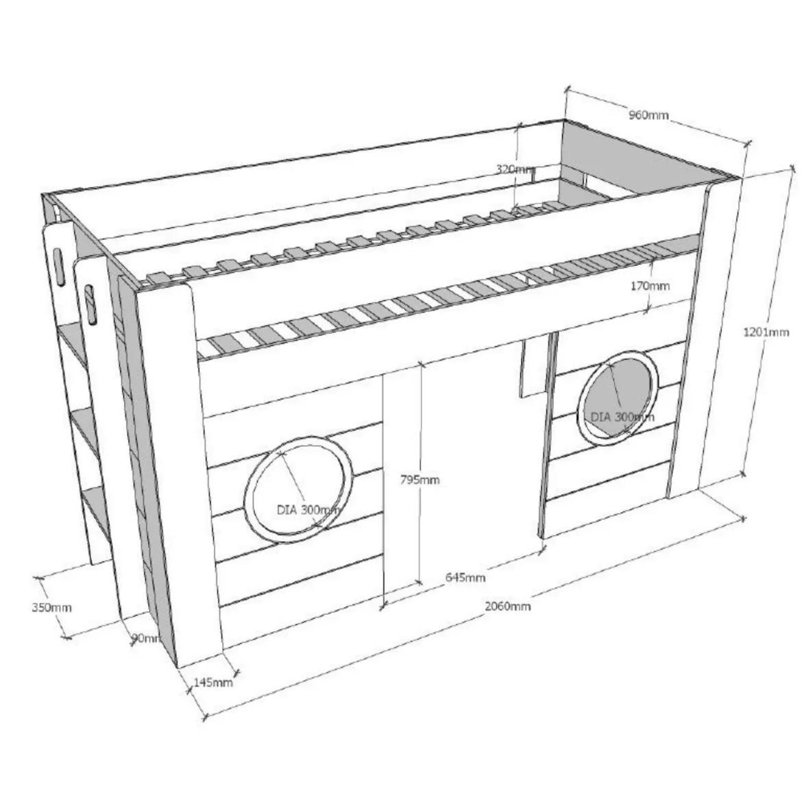 Lit enfant mi-hauteur cabine en bois blanc 90x200 cm - LT2049