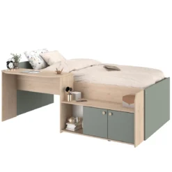 Lit enfant 90x190/200 avec bureau et rangements bicolore