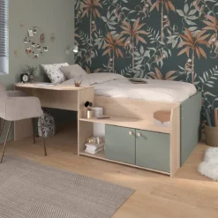 Lit enfant 90x190/200 avec bureau et rangements bicolore
