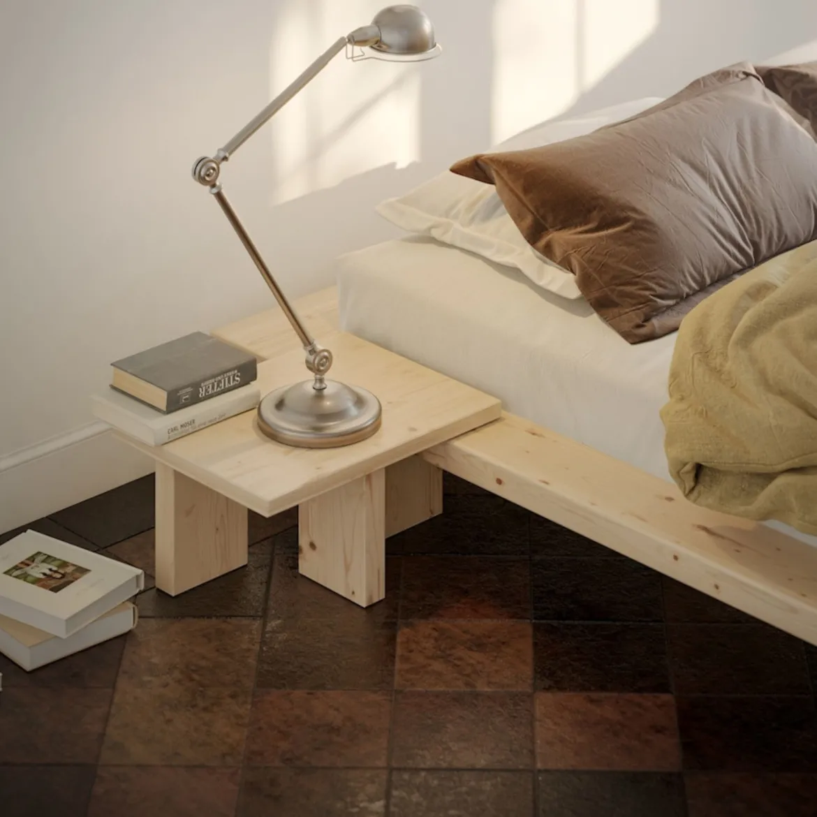 Lit en pin massif avec tables de chevet JAPAN