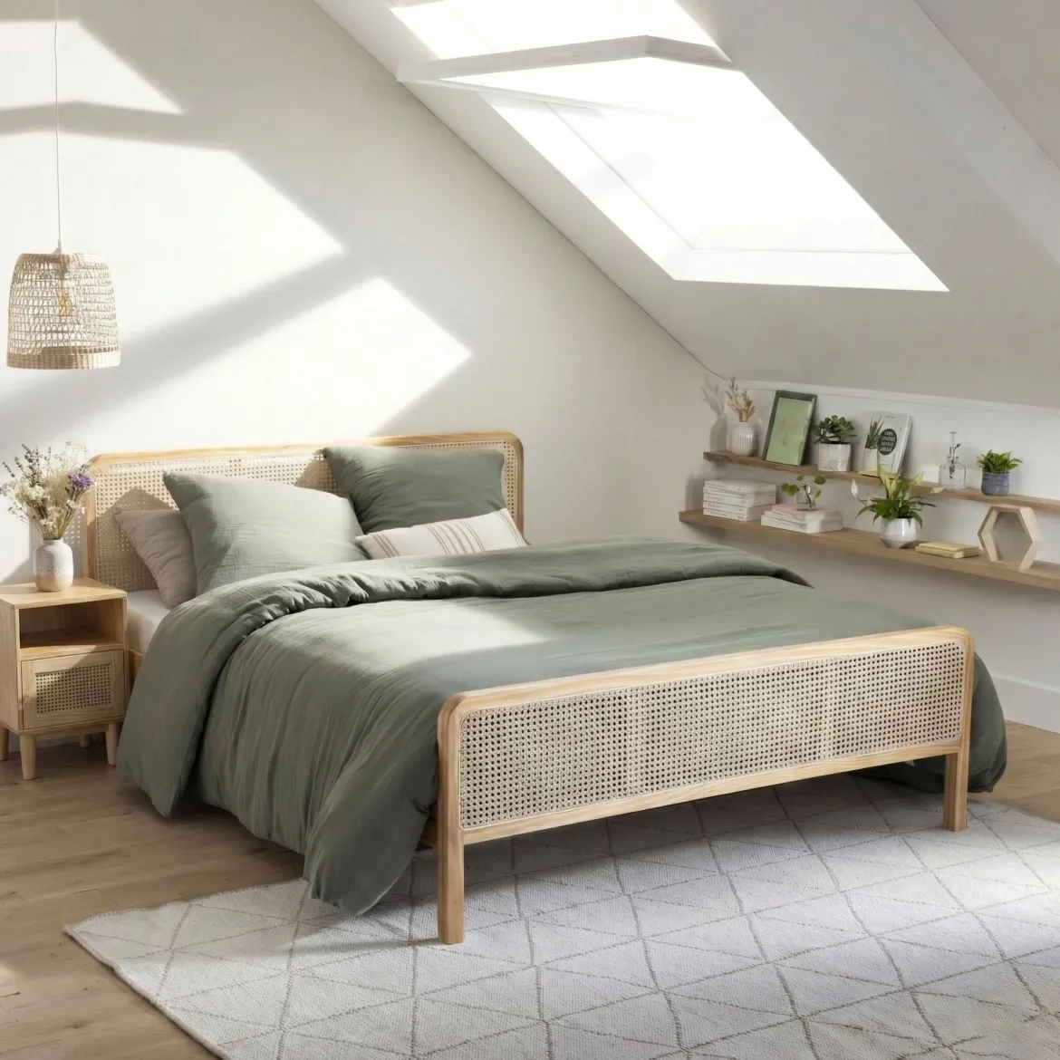 Lit en pin massif avec véritable cannage + table de chevet cannage ANNA