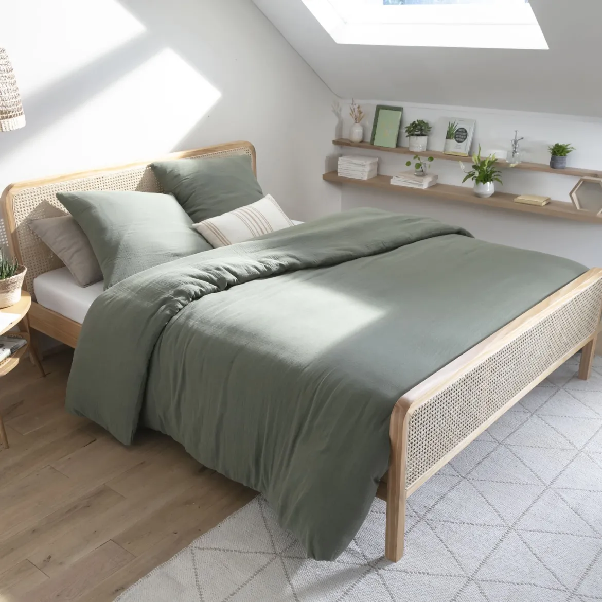 Lit en pin massif avec véritable cannage + table de chevet cannage ANNA