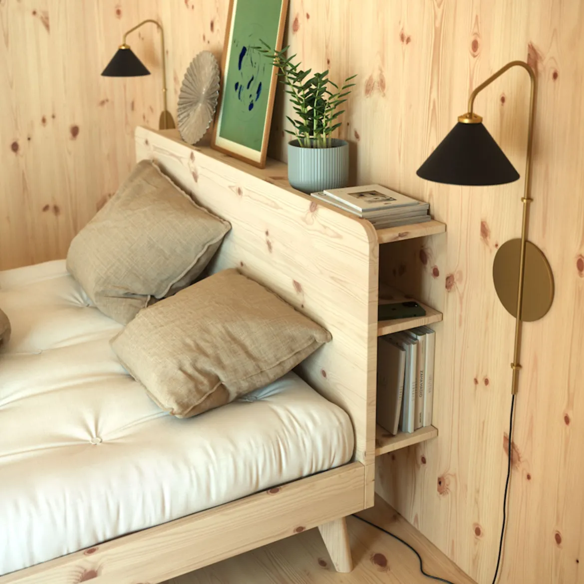 Lit en pin massif RETREAT BED avec tête de lit fonctionnelle
