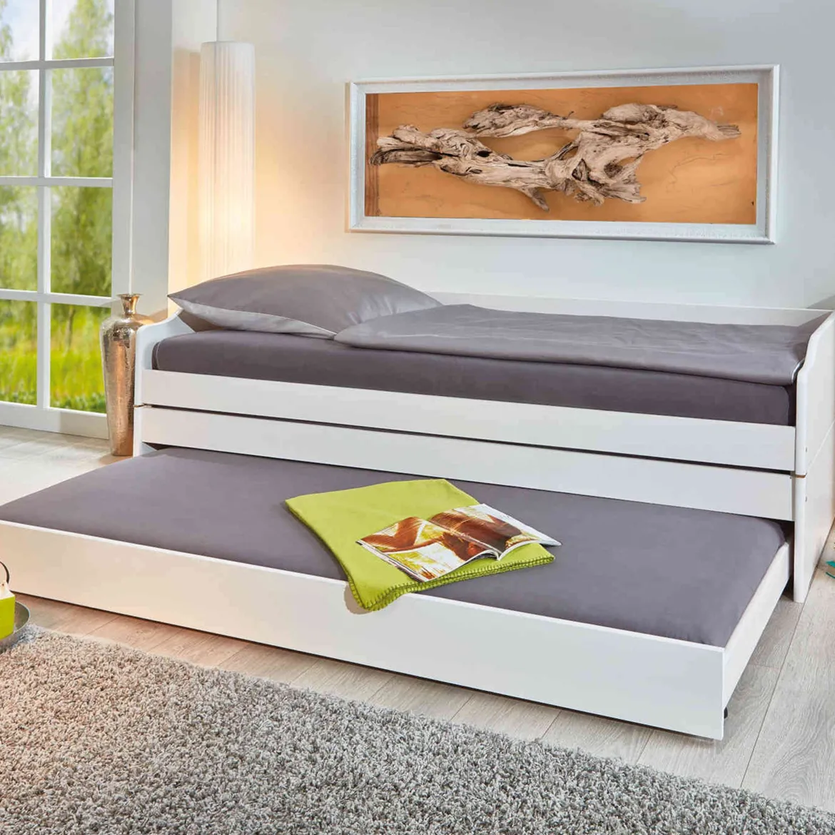 Lit gigogne 3 couchages en bois massif blanc laqué - LT12015