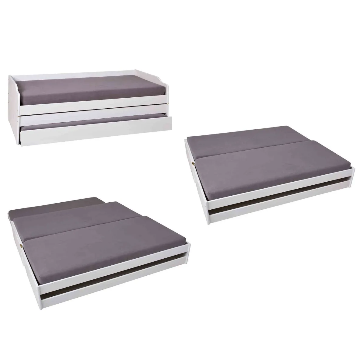 Lit gigogne 3 couchages en bois massif blanc laqué - LT12015