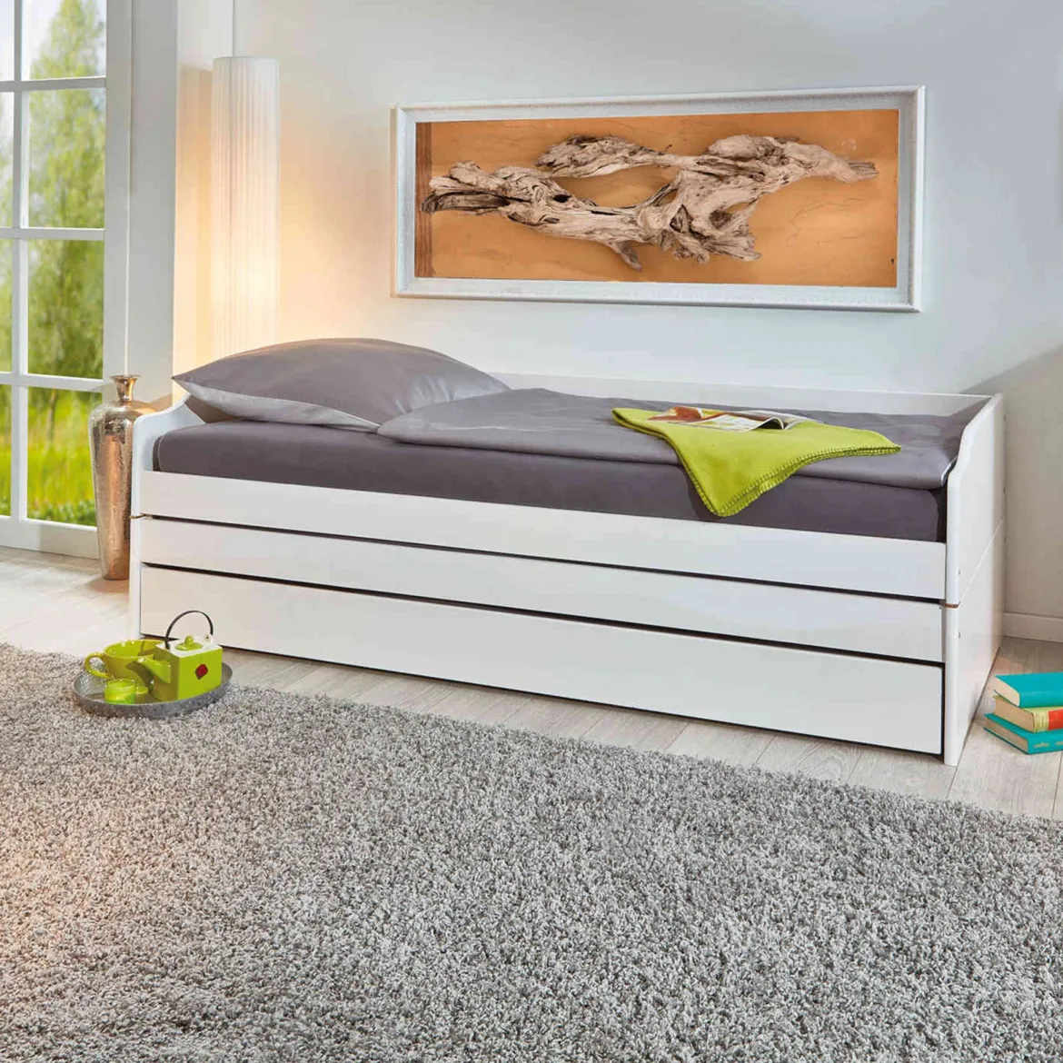 Lit gigogne 3 couchages en bois massif blanc laqué - LT12015