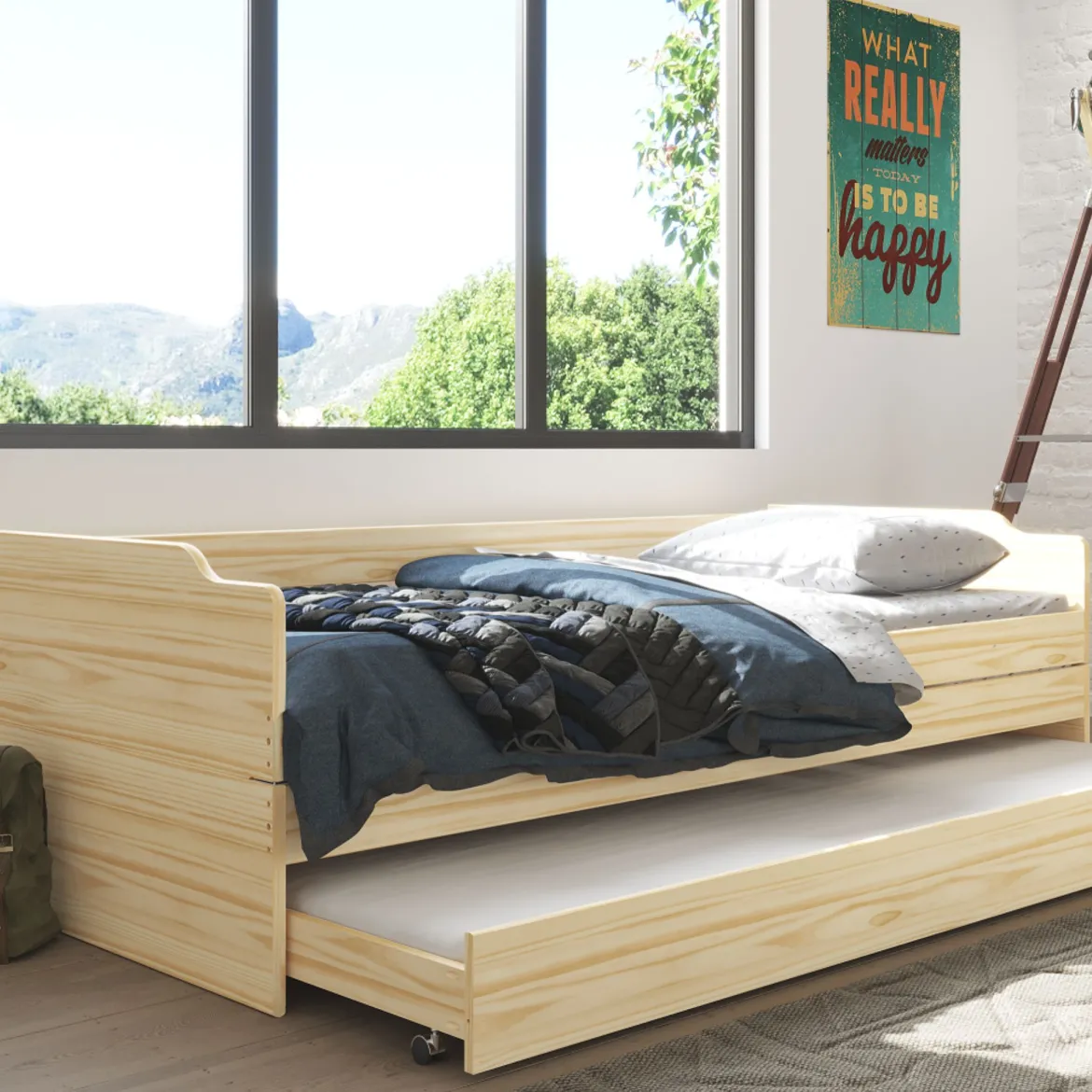 Lit gigogne 3 couchages en bois massif chêne clair 90x200 - LT12015