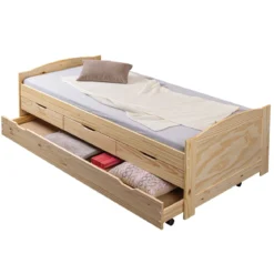 Lit gigogne 3 tiroirs en bois massif imitation chêne clair 90x200 - LT12006