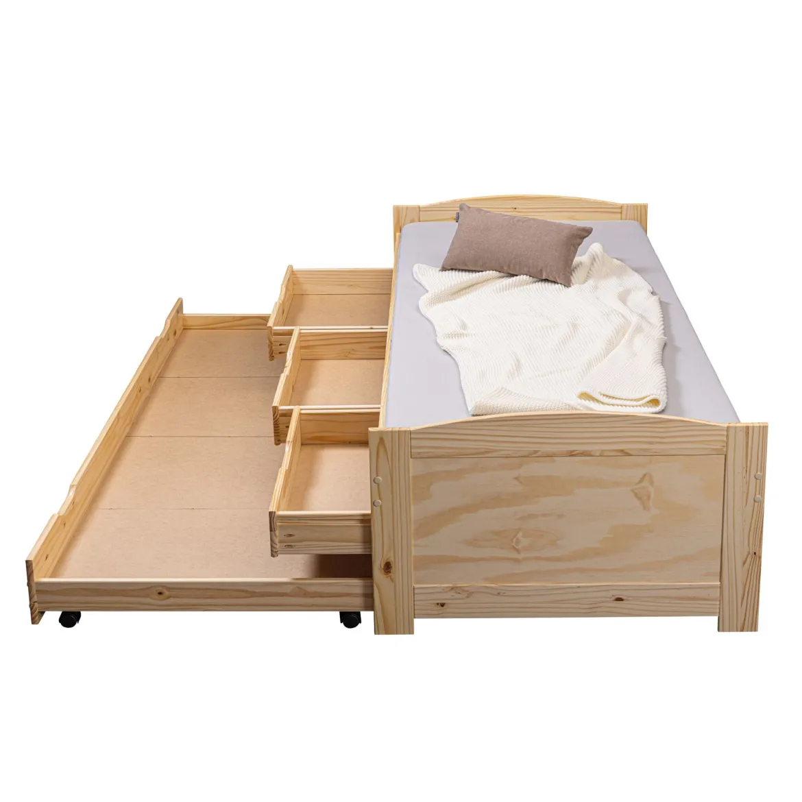 Lit gigogne 3 tiroirs en bois massif imitation chêne clair 90x200 - LT12006