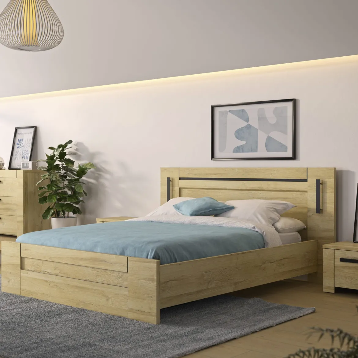 Lit led sensitive et armoire en bois clair - LT5084