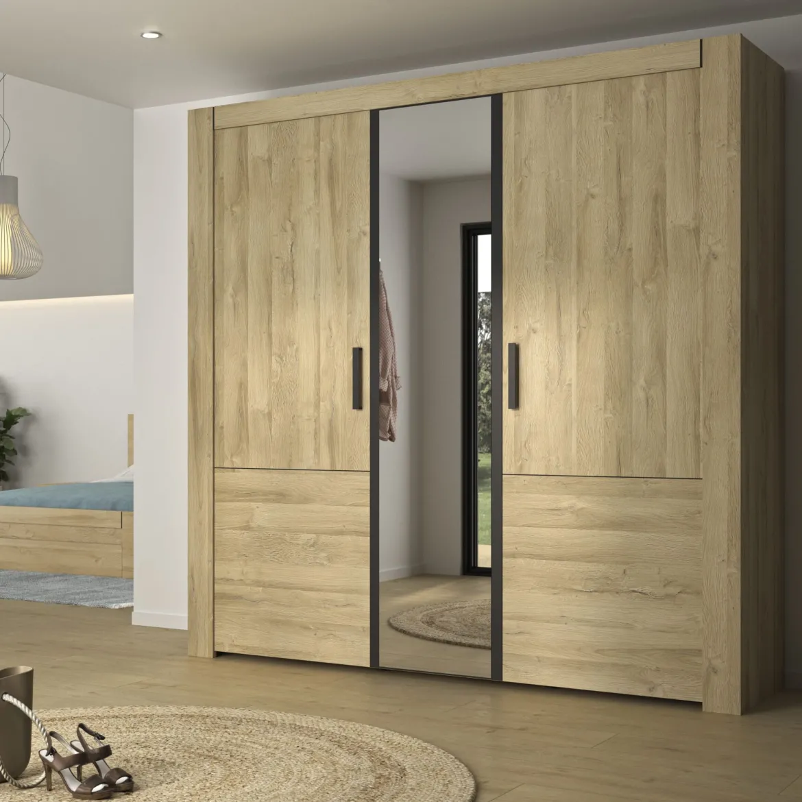 Lit led sensitive et armoire en bois clair - LT5084